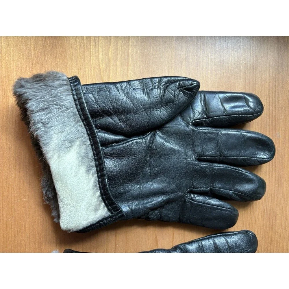 Leather Gloves Black Rabbit Fur Lined Women Large *Read